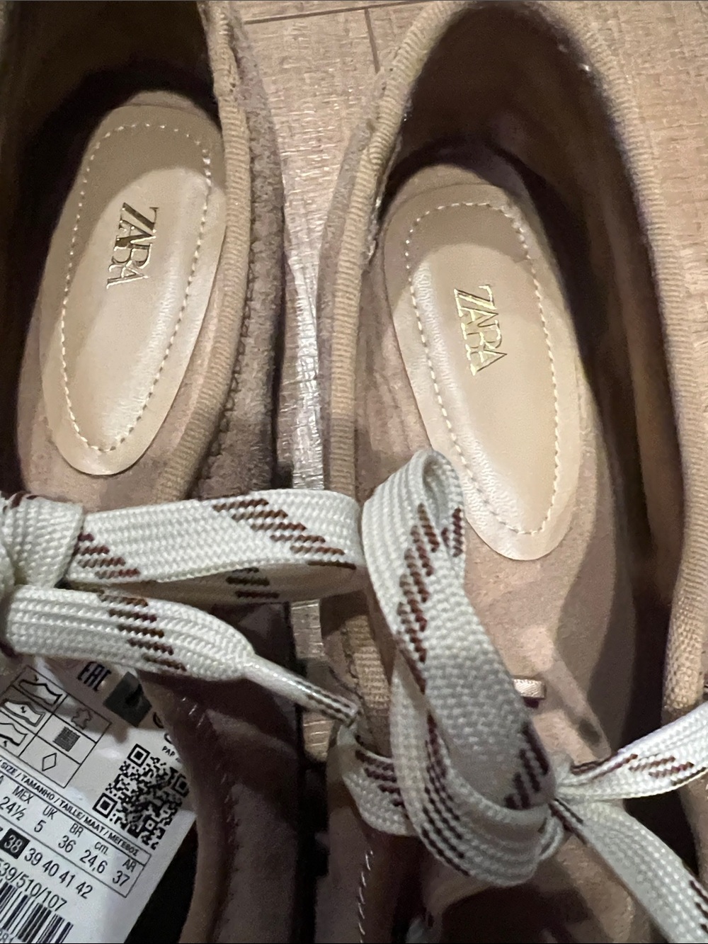 Zara Beige Suede Ballet Flats with Striped Cream Laces - Picture 3 of 6